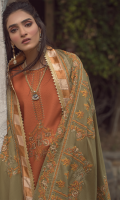 Embroidered front on khaddar karandi  Embroidered border on organza for hem  Embroidered sleeves on khaddar karandi  Dyed khaddar karandi back with embroidered border  Dyed khaddar karandi trouser  Embroidered pashmina shawl