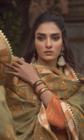 Embroidered front on khaddar karandi  Embroidered border on organza for hem  Embroidered sleeves on khaddar karandi  Dyed khaddar karandi back with embroidered border  Dyed khaddar karandi trouser  Embroidered pashmina shawl