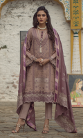 Embroidered front on khaddar karandi  Embroidered border on pashmina for front  Embroidered border on pashmina for back  Embroidered sleeves on khaddar karandi  Dyed khaddar karandi trouser  Embroidered pashmina shawl