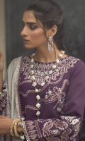 Embroidered front on khaddar karandi  Embroidered border on organza for front  Embroidered border on organza for back  Embroidered sleeves on khaddar karandi  Dyed khaddar karandi trouser  Embroidered pashmina shawl