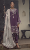 Embroidered front on khaddar karandi  Embroidered border on organza for front  Embroidered border on organza for back  Embroidered sleeves on khaddar karandi  Dyed khaddar karandi trouser  Embroidered pashmina shawl