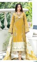 Embroidered front on self-lawn. Self-lawn back. Embroidered sleeves on self-lawn. Embroidered borders on silk for front and back. Digital printed silk dupatta.
