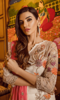 Embroidered chiffon for front: 1 yard  Embroidered organza motif with handmade embellishment for neck patch: 1pcs  Embroidered organza border for front: 1 yard  Embroidered chiffon for back: 1 yard  Embroidered organza border for back: 1 yard  Embroidered chiffon for sleeves: 0.75 yard  Embroidered organza border for sleeves: 1 yard  Embroidered chiffon for dupatta: 2.75 yards  Raw silk for trousers: 2.50 yards  Embroidered organza for trouser: 2 yards
