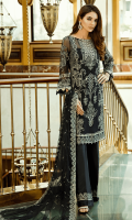 Embroidered chiffon for front: 1 yard  Embroidered organza border for front: 1 yard  Embroidered chiffon for back: 1 yard  Embroidered organza motif for back neck patch: 1 pcs  Embroidered organza border for back: 1 yard  Embroidered chiffon for sleeves: 0.75 yard  Embroidered chiffon for dupatta: 2.75 yards  Raw silk for trousers: 2.50 yards  Embroidered organza border for trousers: 1 yard