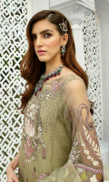 Embroidered organza for front canter panel: 1 pc Embroidered organza for front side panels: 2 pcs Embroidered organza border for front: 1 yard Embroidered organza for back: 1 yard Embroidered organza border for back: 1 yard Embroidered organza for sleeves: 0.75 yard Embroidered chiffon for dupatta: 2.75 yards Dyed raw silk for trousers: 2.50 yards Embroidered organza border for trousers: 1 yard