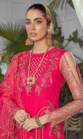 Embroidered chiffon front.  Embroidered organza 3d flowers .  Embroidered organza front back border.  Embroidered chiffon back.  Embroidered chiffon sleeves.  Dyed raw silk trousers.  Embroidered organza trouser border.  Embroidered net dupatta.
