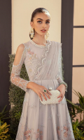 Embroidered net front bodice.  Hand embellished neck patch.  Embroidered net front centre panel.  Embroidered net front right left panels ...  Embroidered organza front back border.  Embroidered net back bodice.  Embroidered net back centre panel.  Embroidered net back right left panels .  Embroidered net sleeves.  Dyed raw silk trouser.  Embroidered net diamonte studded dupatta.
