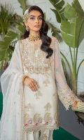 Embroidered & hand embellishment chiffon front.  Embroidered chiffon side panels.  Embroidered organza panels border.  Embroidered organza front back border.  Embroidered chiffon back.  Embroidered chiffon sleeves .  Embroidered organza sleeve border .  Embroidered raw silk trouser .  Embroidered organza trouser border .  Embroidered organza dupatta.
