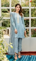 Embroidered lawn for front  Embroidered organza border with pearls for neck  Digital printed lawn for back & sleeves  Embroidered net for dupatta  Dyed cotton trousers