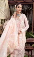 Embroidered organza center panel with embroidered dobby side panels & extended hem patch at front and back. Embellished scalloped lace at neckline. Interlace on side seams of the shirt. Chiffon sleeves with embroidered organza on sleeve cuffs. Paired with pk raw silk cigarette pants. Embroidered dobby fabric dupatta and organza ruffels on the longer lengths with hangings on the pallu