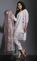WHITE AND PINK SCHIFFLI EMBROIDERD PANNEL FRONT, WITH WHITE COTTON SILK BACK. APPLIQUED DAMAN & SLEEVES. BEAUTIFIED WITH HAND MADE TRIMS ON DAMAN AND STATEMENT TROUSER. PAIRED WITH PRINTED AND DYED TISSED DUPATTA , STYLED WITH FANCY LACE WORK.