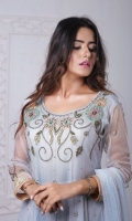 This Flared Net Pishwas with Delicate Thread and Fancy Embellishment is just Perfect for Chic Traditional look. It Completes the look with Jamawar Gharara Pants and Net Embroiderd Dupatta