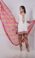 This Kurta with Multicolor Appliqued Borders and Delicate Gota Hand Embellishment is just Perfect for Chic Traditional look. It Completes the look with Churidar Pajama and Chatta Patti Dyed Dupatta