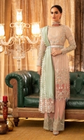 An eternal romantic shade of blush pink. Laila is a must in your wardrobe to up-point your fashion glam. A front open angiya cut shirt on fine organza with a traditional and rich pattern immaculately crafted with sequin, tila and resham. Paired with a classic pale green tissue duppata with contrasting embroidered Pallo. The look is completed with an azar pants with heavy border that gives the look the poise and grandeur required. It's a must to make you look fashion forward!.