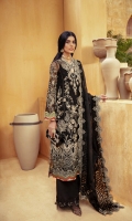 Embroidered / Embellished Front Center Panel 01 pc Embroidered / Embellished Front Side Panel Left & Right 02 pc Embroidered / Embellished Front Border 01 pc Embroidered Back 01 Meter Embroidered Back Border 1pc Embroidered / Embellished Sleeves 2Pc Embroidered / Embellished Sleeves Border 01 Meter Flock Printed Organza Dupatta 2.5 Meter Embroidered Dupatta Border 7.5 Meter Slip Fabric Raw Silk 2.25 Meter Raw Silk Trouser 2.5 Meter Emb Trouser Patch 1.25 Meter