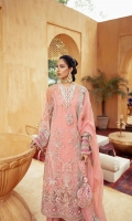 Embroidered / Embellished Front Center Panel 01 pc Embroidered / Embellished Front Side Panel Left & Right 02 pc Embroidered / Embellished Front Lower Patch Left & Right 02 pc Embroidered Back 01 Meter Embroidered Back Border 1pc Front & Back Laser Cut Border 02 pc Embroidered / Embellished Sleeves 2Pc Laser Cut Sleeves Border .95 Meter Embroidered Dupatta Border 7.5 Meter Foil Printed Organza Dupatta 2.5 Meter Raw Silk Slip 2.25 Meter Embroidered Trouser Patch 1.25 Meter Raw Silk Trouser 2.5 Meter