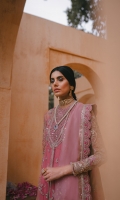 Embroidered / Embellished Neck Line Patch A Embroidered / Embellished Neck Line Patch B Front / Back Spray .75 Meter Embroidered / Embellished Front Panel 6 Pc Embroidered Back Panel 6 Pc Embroidered / Embellished Front Open Patti 2.5 Meter Embroidered / Embellished Sleeves 2Pc Dyed / Foil Printed Organza Dupatta 2.5 Meter Embroidered Dupatta Border 7.5 Meter Raw Silk Slip 2.25 Meter Raw Silk Trouser 2.5 Meter