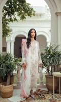 PURE ORGANZA SHIRT WITH DETAILED FLORAL EMBROIDERY AND EMBELLISHMENT AROUND THE NECKLINE, SLEEVES AND BORDER RAW SILK SLIP NET DUPATTA WITH DETAILED BORDER AND ORGANZA FINISH RAW SILK PANTS