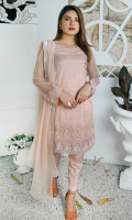 Front: Embroidered Net Front  Back: Embroidered Net Back  Sleeve: Embroidered Net Sleeves   Trouser: Raw Silk Trouser  Dupatta: Chiffon Tissue Facing Dupatta