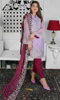 Front: Embroidered Chiffon Front  Back: Embroidered Chiffon Back  Sleeve: Embroidered Chiffon Sleeves  Trouser: Raw Silk Trouser  Dupatta: Embroidered Chiffon Dupatta With Raw Silk Facing