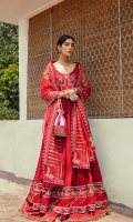 Embroidered Lawn slub Shirt: 2.8 Yards Embroidered front and back Patti on Satin fabric Embroidered sleeve patch on Organza Embroidered Jacquard Trouser Embroidered Organza dupatta