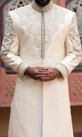 Sherwani for men, designed with heavy embroidery applied on collar ,front and sleeves with flog printing on sleeves above portion