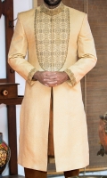 Golden zari jamawar fabric sherwani stitched in hidden button style and designed with traditional hand embroidery and zardozi work applied on collar front and sleeves 