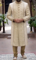 Sherwani for men ,designed with hand embroidery applied collar and sleeves with screen printing applied on front panel and sleeves with piping.
