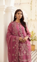  EMBROIDERED CHIFFON FRONT 24 INCHES EMBROIDERED CHIFFON EXTENSION 12 INCHES CHIFFON BACK 36 INCHES EMBROIDERED CHIFFON SLEEVES 22 INCHES EMBROIDERED FRONT AND BACK PATCH EMBROIDERED CHIFFON DUPATTA 2.50 YARDS RAWSILK TROUSER 2.50 YARDS