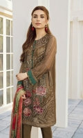 This 3 pc pure crinkle chiffon embroidered shirt feature deep tones, along with digital printed silk dupata including raw silk trousers, linning & accessories.