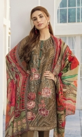 This 3 pc pure crinkle chiffon embroidered shirt feature deep tones, along with digital printed silk dupata including raw silk trousers, linning & accessories.