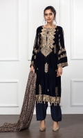 EMBROIDERED VELVET SHIRT EMBROIDERED CRINKLE CHIFFON DUPATTA RAW SILK TROUSERS ACCESSORIES (INCLUDED)