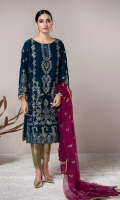 VELVET EMBROIDERED SHIRT EMBROIDERED PURE CRINKLE CHIFFON DUPATA JAMAWAR TROUSERS ACCESSORIES (INCLUDED)