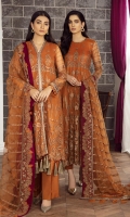 EMBROIDERED NET FRONT 42.5 INCHES EMBROIDERED NET BACK 42.5 INCHES YOKE FRONT AND BACK 50 INCHES SLEEVES 20 INCHES SLEEVES PATCH 38 INCHES EMBROIDERED NET DUPATTA 2.65 YARDS EMBROIDERED PATCH FOR DUPATTA OR NECK 2.75 YARDS RAWSILK TROUSER 2.5 YARDS