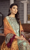 EMBROIDERED CHIFFON FRONT 36 INCHES EMBROIDERED CHIFFON BACK 36 INCHES EMBROIDERED ORGANZA FRONT & BACK PATCH 72 INCHES CHIFFON SLEEVES 20 INCHES JAMAWAR SHAWL 2.5 YARDS RAWSILK TROUSER 2.5 YARDS