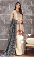 EMBROIDERED CRINKLE CHIFFON FRONT 36 INCHES EMBROIDERED CRINKLE CHIFFON BACK 36 INCHES EMBROIDERED FRONT & BACK PATCH 72 INCHES EMBROIDERED ORGANZA DUPATTA 2.65 YARDS SLEEVES 20 INCHES ORGANZA NECK PATCH 1 PC RAWSILK TROUSER 2.5 YARDS