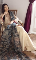 EMBROIDERED CRINKLE CHIFFON FRONT 36 INCHES EMBROIDERED CRINKLE CHIFFON BACK 36 INCHES EMBROIDERED FRONT & BACK PATCH 72 INCHES EMBROIDERED ORGANZA DUPATTA 2.65 YARDS SLEEVES 20 INCHES ORGANZA NECK PATCH 1 PC RAWSILK TROUSER 2.5 YARDS