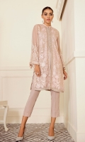 This 2 pc pure crinkle chiffon embroidered shirt feature soft hues, with contrasting raw silk trousers including lining & accessories.