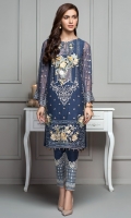 This 2 PC Pure crinkle chiffon embroidered shirt, features deep tones along with Raw silk trousers & accessories.