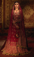 'Mah-e-Noor' is a quintessential blueprint for a majestic and ornate ‘bride to be’ garment. This deep crimson, twirl worthy lehanga choli is an excellent example of Zaaviay’s craftsmanship. The mehrabs and floral motifs are enriched with zardozi hand-work and the lehanga is underlined by dull gold crushed tissue and tassels as finishing. The look is complete with elaborately handcrafted dupatta in zardozi and crushed tissue finishing on pallu. The dress is aggrandized by a banarsi pouch with hand embroidered brooch, complementing the dangling brooches on the neckline.