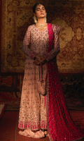 Gul-e-Rana ensemble epitomises the whimsical grace of a traditional bride. A long silk blush pink kalidar frock contrasted with a subtle shade of fuschia pink. The bodice is fully rendered with floral jaal handcrafted with champagne and silver kora, dabka and complemented with a beautiful shade of fuschia pink resham. A delicately adorned neckline with floral vines climbing up the front of a flared kalidar frock which makes a perfect fusion of modern with ethnic. The flared kalidar is accentuated with appliquéd fuschia pink mehrab all over the border of the heavy ghair, which makes up to this royal ensemble. It is complemented with a flared Dhaka style pajama with an overall delicate border with chan and bootis.  This elegantly flowing silhouette in soft blush pink with fuchsia accents, is paired with silk heavily adorned fuschia pink duppatta beautifully encrusted with delicate flowers and silver filigree. It’s embellished with a heavy matha-pati border all intricately handcrafted with the technique of appliqué work.  The overall bridal look is a perfect go to companion with an embellished handcrafted pouch for some vintage vibes, which can be separately ordered from separates section.