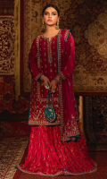 'Ghazal' is a fusion of tradition and modernity, this pure raw silk shirt in fuschia pink is adorned with intricate details of kora, dabka and resham is perfect for the wedding season. It comes with a medium silk dupatta with heavy embroidery on borders and booti. A matching banarsi dhaka pajama is added with exquisite handwork on borders. This outfit is complimented with an accent paltawa in teal color. It comes with a hand-embellished pouch in teal to add finesse to the look.