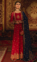 'Aab-e-resham' is a striking and regal ensemble, the glorious paneled kalidar flared frock is exalted with an eye-catching cherry pink raw silk with a heavily adorned embroidered flare on the hem for a timeless glamour worn over an intricately embellished bustier with over all chun. It is further decorated with vividly striking sleeves with an army green and magenta appliqué work with regal motifs.  It is harmonized with an alluring flared cherry pink Dhaka pajama and an intricate hand embroidered border.  The sprawling artwork inspired by the indigenous motifs reminiscent of the iconic Mughal figurative imagery of historical architecture and magnificent elephant figurine and palm trees on the contrasting navy blue silk dupatta with an army green and magenta handcrafted appliqué work.