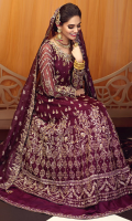 'Mumtaz' depicts the beauty of nights and the statement of timeless glamour. This beautiful bridal peshwas sets a new tone to the celebration with its grace and charm. Mumtaz is a deep plum resham work and hand crafted peshwas in organza with a matching raw silk kalidaar lehenga. It is delicately adorned with champagne and gold resham, kora, dabka, sitara, moti and colored sequence in the most understated yet beautiful manner. The outfit is paired with a heavily worked organza dupatta with handmade tassels to give a complete look for all brides on their big day.