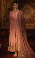 'Rukhsar' is a mauve hand embellished in gold and copper zardozi with rosey pink resham details, the classic pure raw silk pishwas still remains a popular choice for wedding wear. A heavily and exquisitely detailed embroidered bodice, flare, boarders and classy sleeves are paired with organza mauve dupatta and it has intricate hand embroidered borders along with Chan booti and raw silk green paltawa paired with pure raw silk mauve churidar. A customized pouch can be added to the outfit upon request.