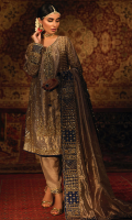 'Reem' is a royal gold tissue silk dress, a fusion between a contemporary and traditional look, which is perfect for any festive occasion. It is enriched with crystals, zardozi, pearls, kora dabka and self colored resham which highlights the overall look of this design. It is beautifully finished with a delicate dori and a matching tassel on the neckline and royal blue raw silk finishing on the shirt and sleeves. The embroidery is done on the sleeves, borders of the shalwar and the dupatta. It is beautifully paired with gold tissue silk shalwar with intricate gold hand work on the borders and royal blue finishing, dupatta is of metallic tissue silk ,it has a bold elaborated border which comprises of intricate hand work that is underlined with chan and booti in gold tissue silk and this finishes the overall look of this ensemble. The pouch can be made on customization as per order.