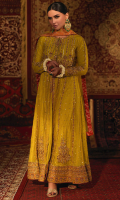 'Tabassum' is an elegant and a regal net dress is adorned in intricate gold and bronze handwork, which is enhanced and coordinated with pink resham that compliments the overall look of this piece. It is beautifully crafted with delicate details such as pearls, kora, dabka and ari hand-work which brings out delicate floral motifs on the bodice as well as on the border of each kali. The sleeves are styled with a bold floral motif with a linear handwork in the center, creating an aesthetically pleasing look. It is delicately finished with a dori and a pouch, tassels with pink/orange hues of banarsi finishing which gracefully uplifts the overall look of this dress. It is paired with straight raw silk lime green pants to complete the look of this piece. The lime green net dupatta features floral motif booti that highlights the look along with orange/pink banarsi finishing. The pouch can be made on customization as per order.