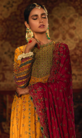 'Kaus-o-qaza' is a whimsy blend of floral and mehrab motifs in a stunning marigold yellow kalidar frock, attached with a beautiful sage green neckline and embroidered with the traditional crafts of kora,dabka and resham. The fabric used is raw silk featured with luscious shades of fuschia pink, deep green, purple, sage green and orange all encapsulated with hand crafted chattapati on sleeves, enhancing the overall look of the kalidar frock and finished with vivid green banarsi. The gorgeous kalidar is perfect for a bride on her Mehndi occasion.