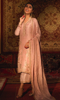 'Nazakat' is a mingling of elegance and tradition. A pure raw silk outfit in blush pink with hints of mauve resham work. The dress is intricately embellished with gold and silver zardoze work with pearls on a floral theme and is paired with handcrafted matching  pure raw silk culottes. It is adorned and finished with banarsi in hues of pink and gota lace, worn with a flowing embroidered blush pink dupatta in medium silk with a hand embellished border and booti. A matching pouch can be made on order to complete the look.