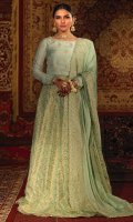 'Sohni' is a super stunning ice blue combination of lehenga choli is perfect for all day weddings as well as evening events. This outfit consists of a pure raw silk choli with exquisite handwork of floral motifs, fitted chan sleeves and a paneled floral banarsi silk lehenga. It is finished with metallic blue tissue silk, gota lace and tassel kiran. It is paired with a heavy embroidered medium silk dupatta with cutwork. A perfect embodiment of fine craftsmanship. A pouch can be customized on order.